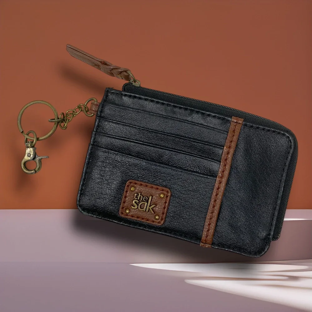 Sakroots Black Leather Slim Wallet Card Holder Keychain Zip Coin Pouch Organizer